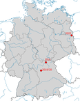 Vorkommen des Blutspechts in Deutschland. In der Deutschlandkarte sind die beiden Beobachtungsorte 2022 in Frankfurt Oder und 2016 Kronach in Bayern eingetragen. 