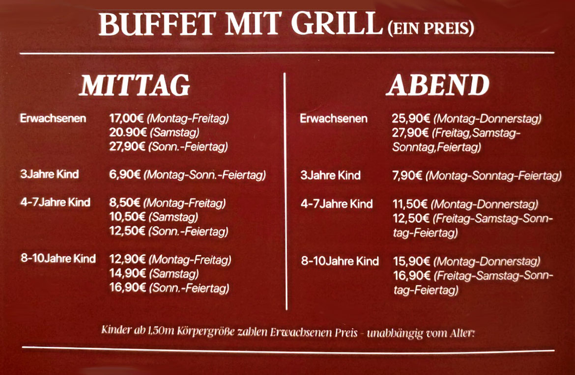 Preise Buffet All you can eat, Restaurant Ginza Konstanz