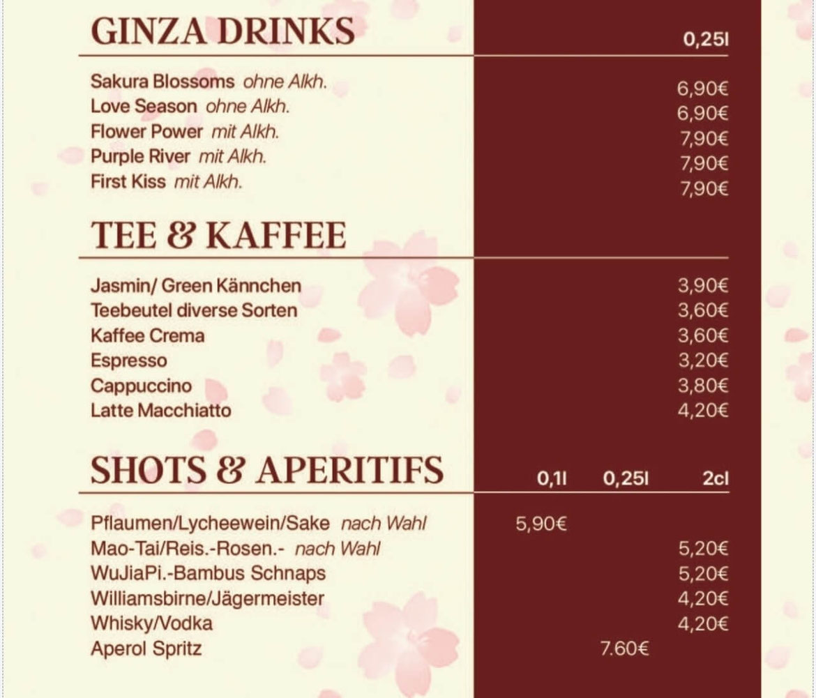 Getränkekarte Kaffee und Tee