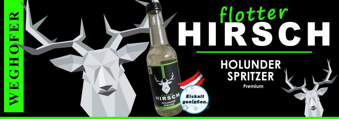Hirsch Spritzer, Holunder Spritzer, flotter Hirsch,  Kaiser Spritzer, Weinspritzer in Flasche, 0,33 Liter Holunder Spritzer weiß Flasche, Weghofer Hirsch, Vösendorf, Holunder Spritzer, Spritzer weiss, Abholung, ab Hof Verkauf, Wien Süd, Party Getränk