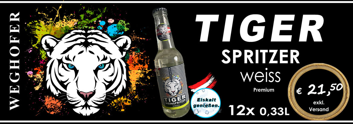 Tiger Spritzer, Weinspritzer in Flasche, 0,33 Liter Spritzer weiß Flasche, Weghofer Tiger Vösendorf, Holunder Spritzer, Spritzer weiss, Abholung, ab Hof Verkauf, Party Getränk