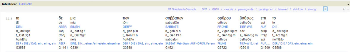Lk 24,1: Interlinear-Übersetzung ISA3 Scripture4All, Sabbat Auferstehung