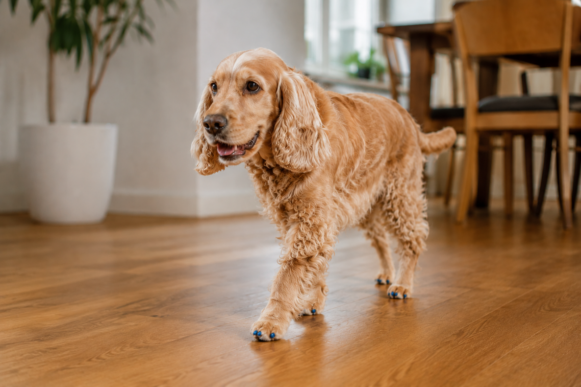 Cocker Spaniel mit blauen ToeGrips® an den Krallen läuft sicher über einen glatten Holzfußboden in häuslicher Umgebung.