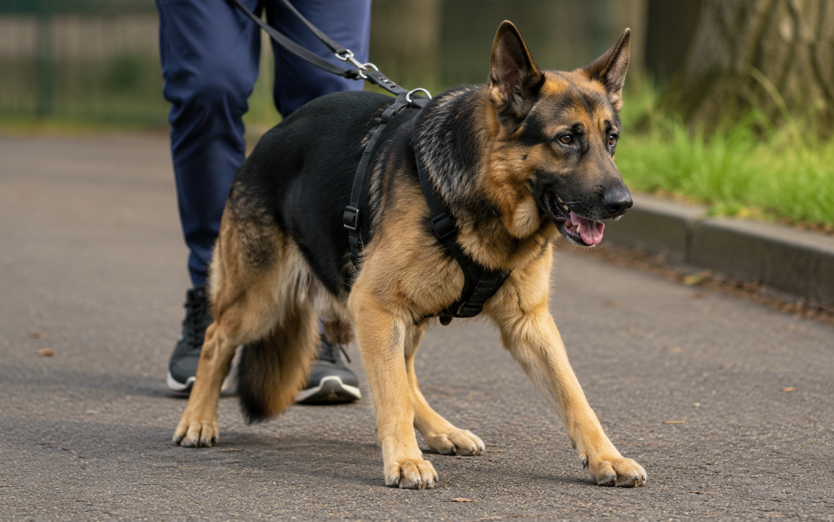 Schäferhund während einer Gangbildanalyse an der Leine