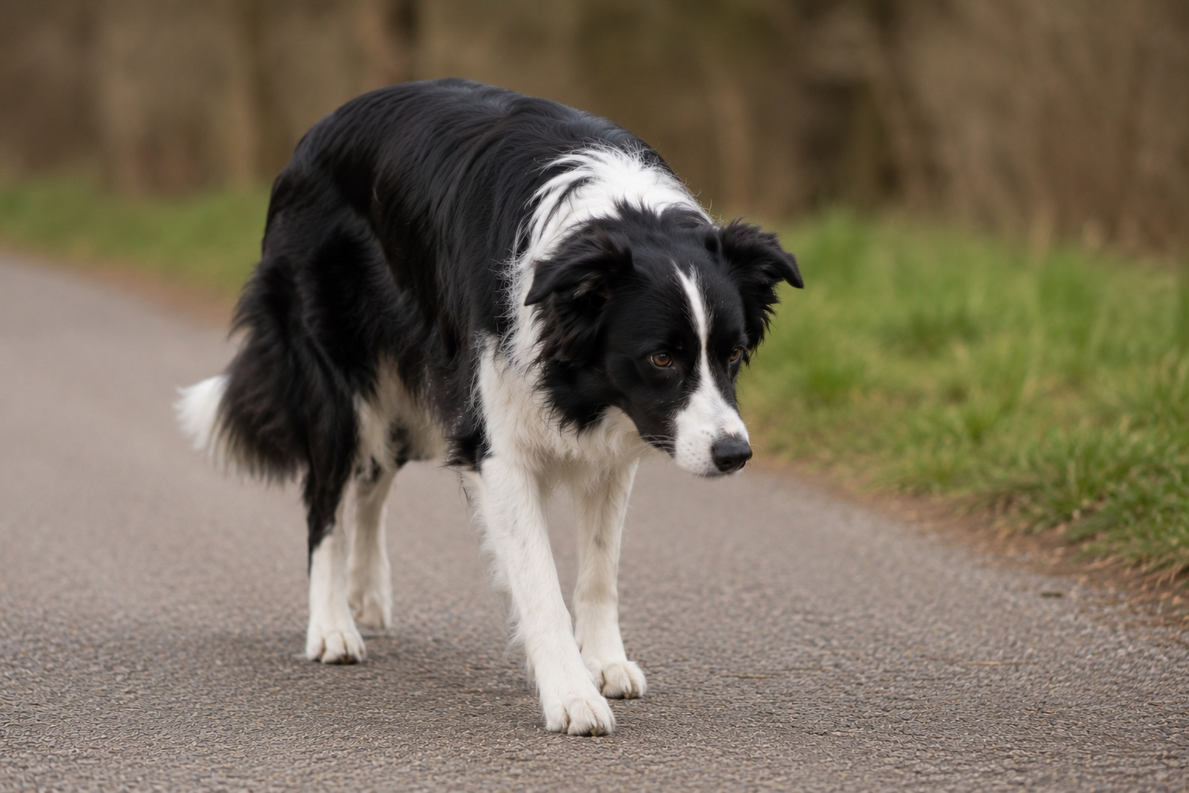 Border-Collie mit vorsichtiger Kopfhaltung und veränderter Belastung der Vordergliedmaße beim Gehen