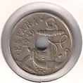 MONEDA ESPAÑA - KM 777 - 50 CÉNTIMOS - ESTADO ESPAÑOL - 1.949 (19 - 54) AGUJERO SEMIDESPLAZADO - COBRE - NÍQUEL (MBC+/VF+) 8€.