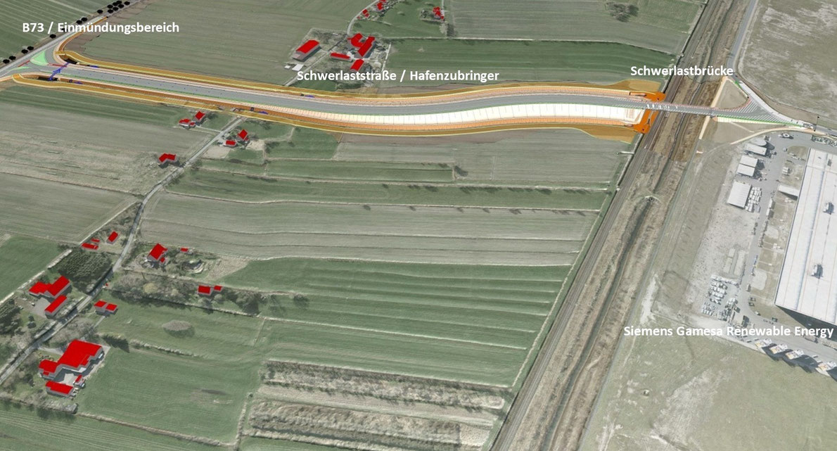 B 73 mit Abbiegespur und Einmündung in das zukünftige Gewerbegebiet F 90