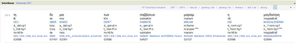 Interlinear Übersetzung Isa3 Scripture4all, Joh 20,1, Sabbat Auferstehung