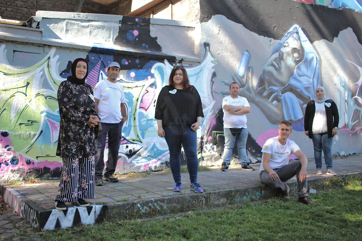 Das neue und verstärkte »Hallo Nachbar Team« im Bürgerpark Berliner Straße. V.l.n.r.: Filiz Yildiz, Yusuf Karasik, Helin Biccici, Roman Erfurth, Tim Lücke und Najoua Benelouargua.