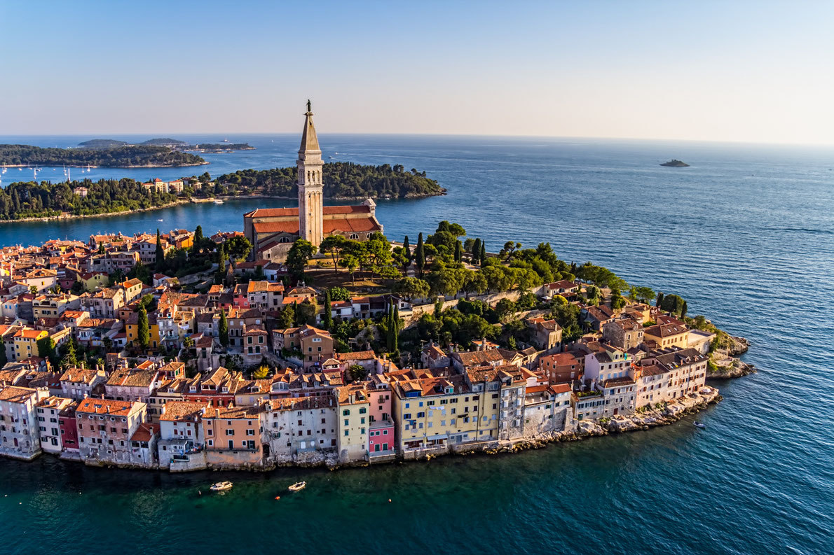 Aerial shoot of Old town Rovinj at sunset, Istra region, Croatia. Copyright OPIS Zagreb