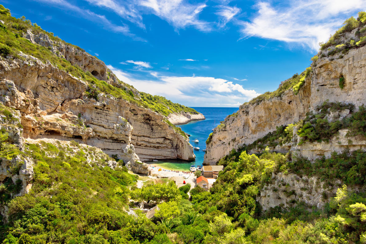 Stinva beach on Vis island idyllic bay, Dalmatia, Croatia Copyright xbrchx