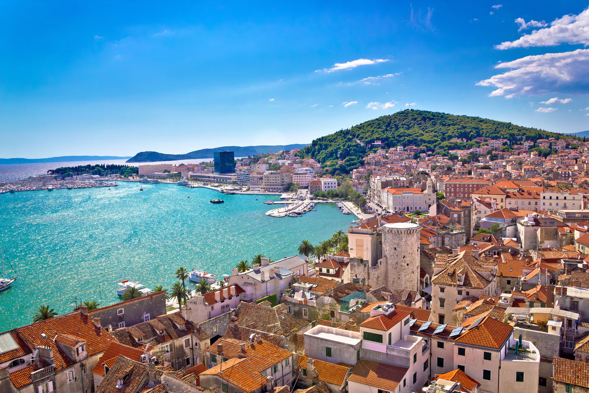 Split waterfront and Marjan hill aerial view, Dalmatia, Croatia Copyright xbrchx