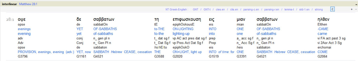 Mt 28:1, Interlinear translation, ISA3 Scripture4All, sabbath resurrection