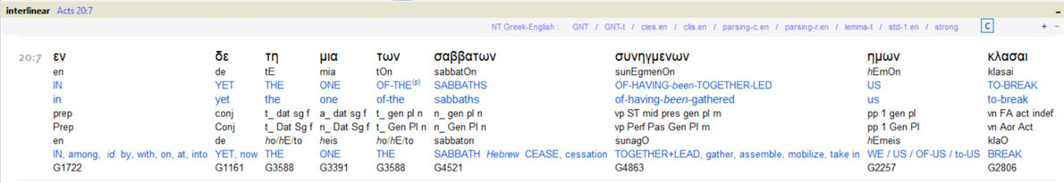 Acts 20:7, Interlinear translation, ISA3 by Scripture4All, resurrection sabbath