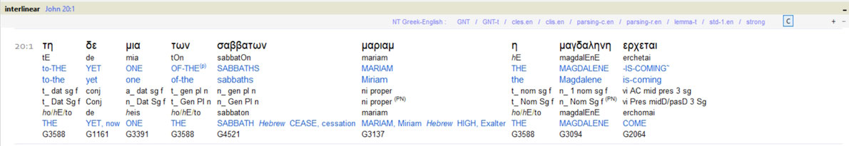 John 20:1, Interlinear translation, Greek English, Bible, sabbath resurrection