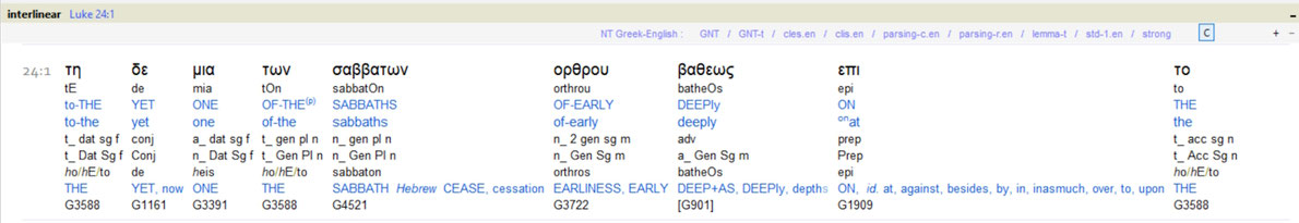 Lk 24:1, Interlinear translation, Greek English, Bible,Scripture4All