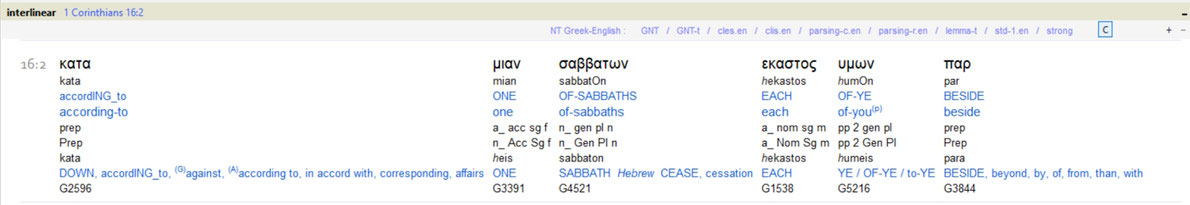1Cor 16:2, Interlinear translation, Greek english, Bible, sabbath