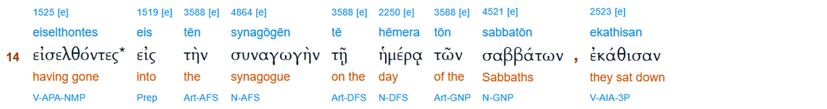 Acts 13:14, interlinear, Biblehub, ημερα των σαββατων, Day Sabbaths