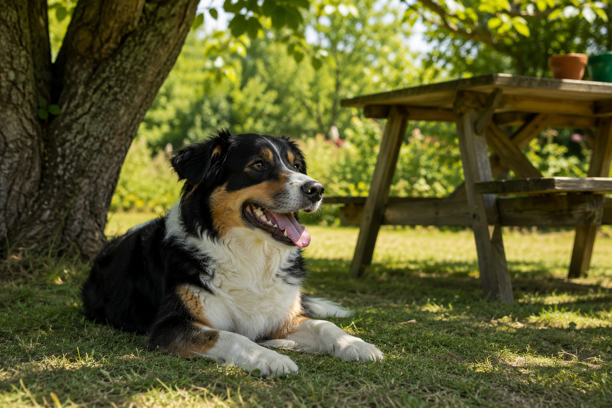 Hund liegt entspannt im Schatten eines Baumes oder Gartentisches, Sommer, grünes Umfeld. Hecheln sichtbar, aber Hund wirkt noch orientiert.