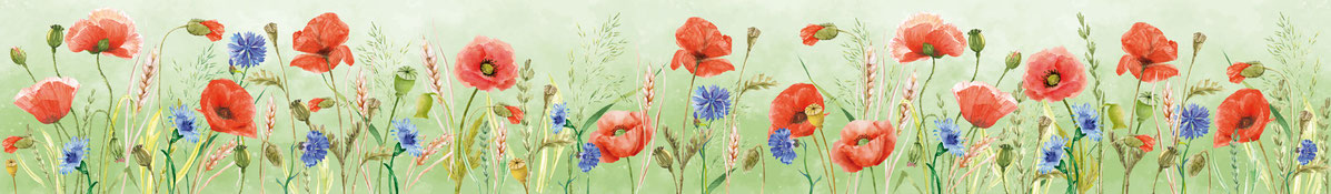 selbstklebende umweltfreundliche Vliesbordüre im Landhausstil - mit Mohnblumen, Kornblumen, Getreideähren auf grünem Hintergrund - Watercolor