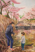夙川でお花見を楽しみむお母さんと子どもの水彩画