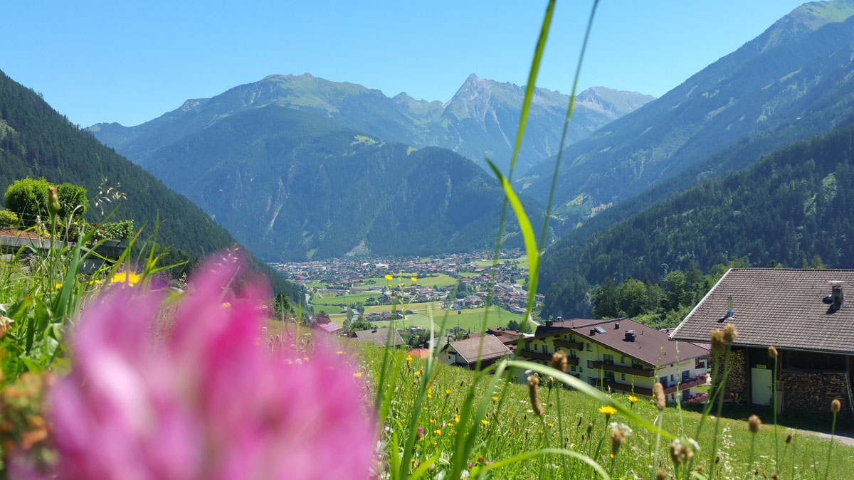 Blick von der Terrasse in Finkenberg nach Mayrhofen im Zillertal