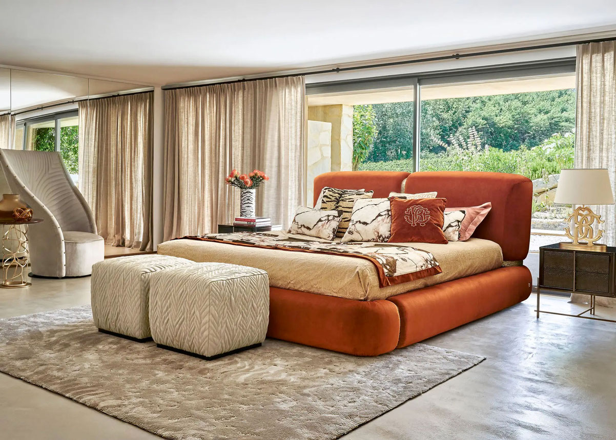 Toulou bed by Luca Tornaghi for Roberto Cavalli Home, where generous volumes evoke warmth and tactile softness.