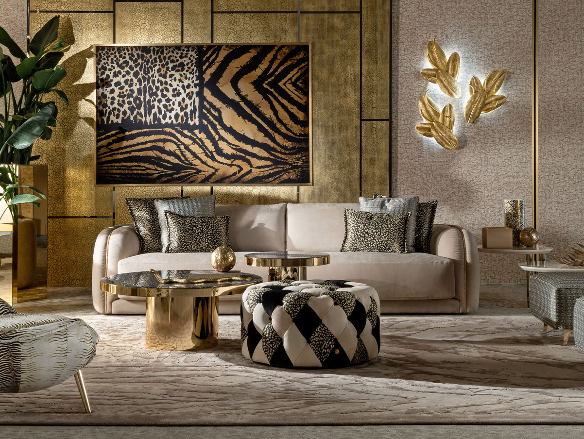 Kruger sofa by Luca Tornaghi for Roberto Cavalli Home, nubuck sofa with continuous armrest and backrest, braided metal piping and structured profile