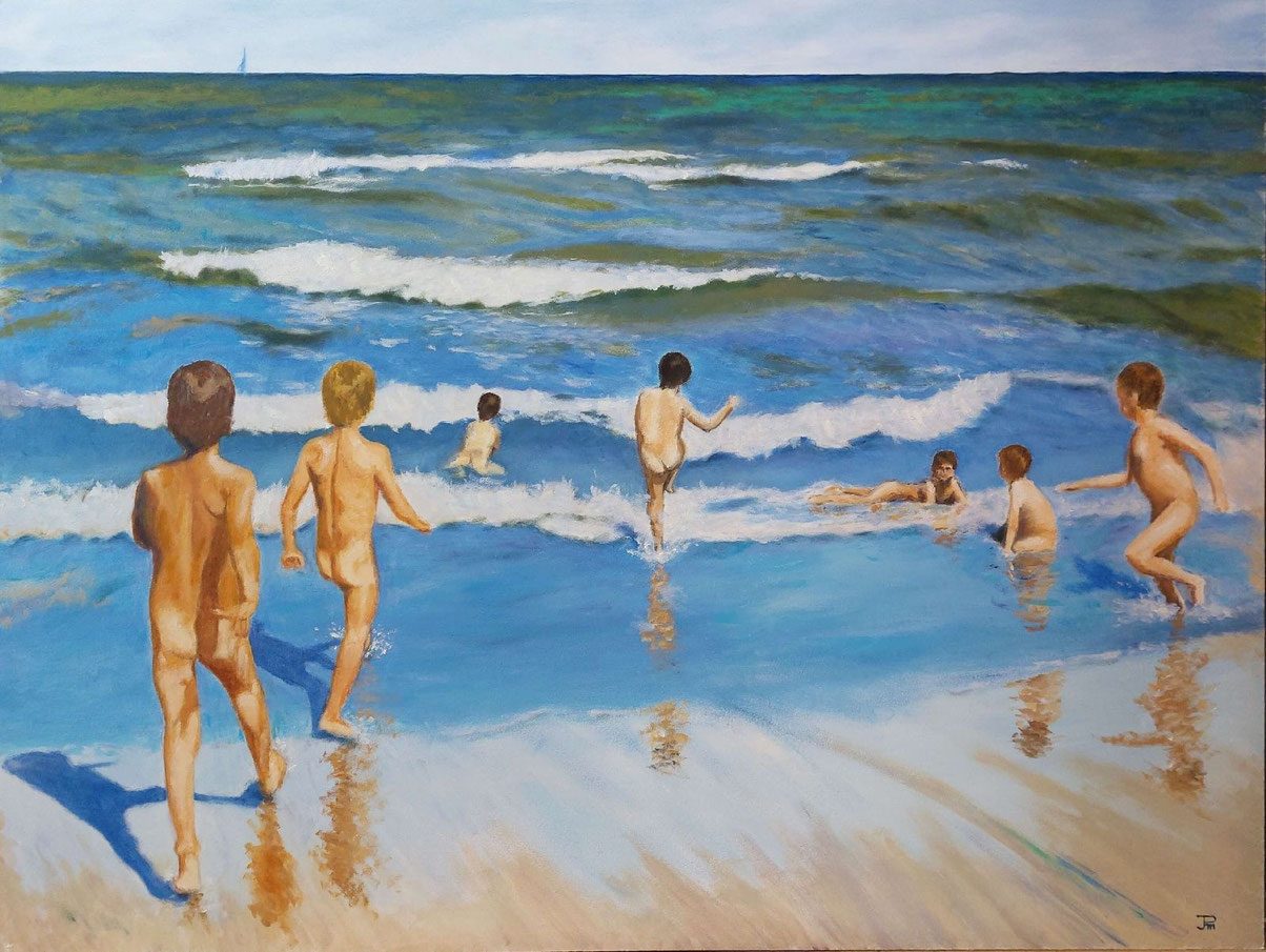 Niños jugando en la orilla de la playa en un cuadro inspirado en Sorolla, con luz mediterránea y mar en calma.