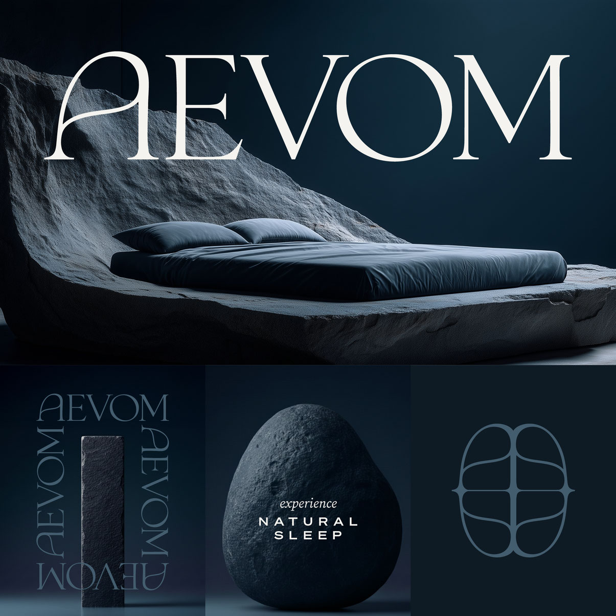 Hotelmarke AEVOM mit Logo, Typografie und Moodbildern für Schlaf- und Longevity-Konzept – visuelle Identität und Corporate Design Entwicklung einer Hospitality-Marke, Brand Design Projekt Hamburg