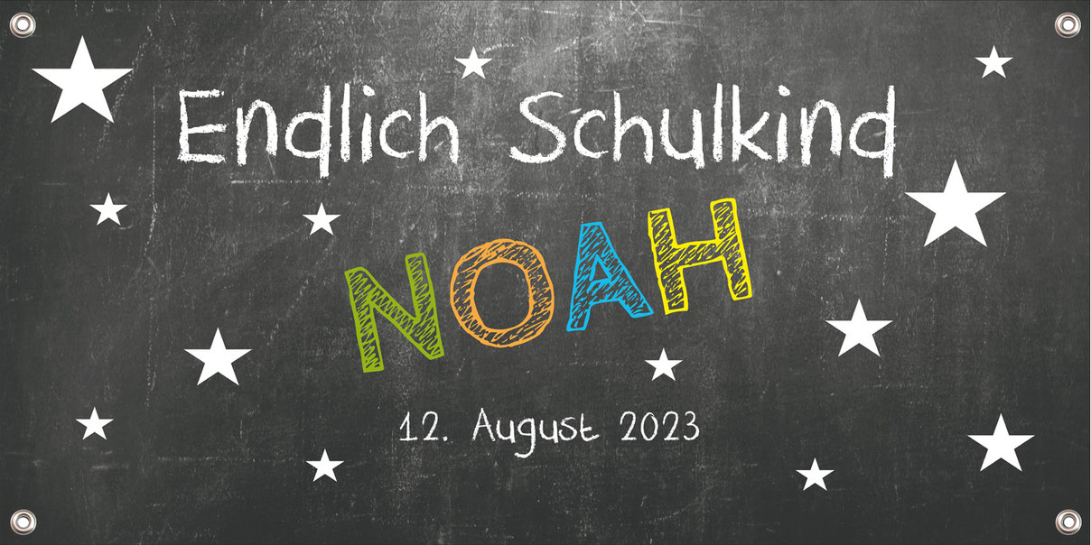 Banner zur Einschulung 100 x 50 cm - mit Name und Datum personalisierbar auf Tafeloptik, Endlich Schulkind mit Kreide - Sternchen,  Nachhaltige PVC-freie Banner -  die umweltfreundliche Alternative zu herkömmlichen Bannern aus Kunststoff und PVC