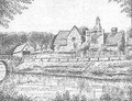 18th-century Brook Farm stood on the corner of Brook Lane, facing the Cole - drawn 1930s. Grateful thanks and acknowledgements for the use of this image to E W Green, Historic Buildings in Pen & Ink - The Work of William Albert Green. See Acknowledgements