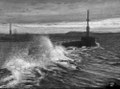 Port de Neuchâtel. Quand le lac se fâche, il prends des airs d'océan, il vaut mieux se tenir à l'écart des embruns. Dessin au crayon blanc sur papier noir, format 30 x 42 cm. D'après une photo de Dominique Tschantz, avec mes remerciements