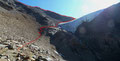 Hier endete der markierte Teil der Aufstiegsroute! Der weitere Wegverlauf: Dieser imposante Eisbruch wird nun auf der linken Seite gletscherfrei bis zum Rosimjoch umgangen und von dort links, auf dem SO-Grat zum Gipfel der Vertainspitze.