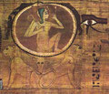  Papiro Dama Heroub do Egito Antigo, 21ª Dinastia. Hórus “criança” no Akhet (Hor-em-Akhet – “Hórus no Horizonte”), circundado pela serpente Ouroboros. Hórus está posicionado no meio dos leões gêmeos do deus Ruti ou Aker.