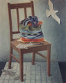 Stuhl mit bunter Tasche und Papiervogel, 1987, Acryl /Leinwand, 100 x 80 cm