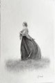 Handgezeichnetes Original: Zierliche Frau im Profil auf dem windigen Gipfel, blickt in die Weite des Himmels, Symbol der Schönheit.