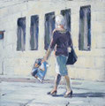 "Frau im Lila Schatten: Ein beeindruckendes Kunstwerk der urbanen Landschaft" 