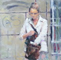 Figurative Malerei: Frau sucht Tagebuch, Geste des eiligen Suchens, kleines Format. 