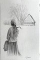 Zarte Bleistiftzeichnung Melancholie: Figur in stiller Atmosphäre vor dem verfallenen Haus, Ausdruck unerträglicher Schmerzen, Geheimnisse.