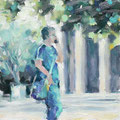 Figurative Malerei: Junger Mann in Setzerei, stille Kommunikation, schimmerndes Geheimnis. 