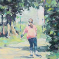 Figurative Malerei: Mädchen in Rosa Hemd, unaufhörliches Weiterlaufen, flüchtiger Moment. 