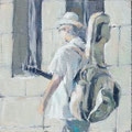 Ölgemälde Junger Mann: Verträumte Melodie, sommerliche Gewandung, mit Gitarre, Daily Paintig. 