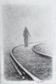 Melancholische Bleistiftzeichnung: Einsame Rückenfigur auf verlassener Zugschiene, meisterliche Zeichnung Original 