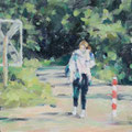Daily Painting Original: Geheimnisvolle Figur mit gesunkenem Kopf, fängt die Stimmung perfekt ein.