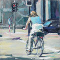 Original Ölbild Fahrrad: Frau auf dem Fahrrad an der roten Ampel, städtisches Alltagsleben.