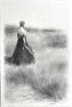 Bleistiftkunst Träumen: Frau wartet auf dem Feld, um ihre Schwingen zu öffnen, inspirierendes Kunstwerk. 