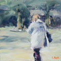 Sammlerstück Kunst: Frau in grüner Arkade tritt in das warme Sonnenlicht, Daily Painting Unikat.
