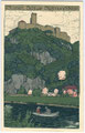 Burg SIGMUNDSKRON und die Etsch in Frangart, Gemeinde Eppan. Chromolithographie 9x14cm; Künstlersignatur "Pg", Verlag J(osef). Gugler, Bozen um 1905.  Inv.-Nr. vu914clg00007