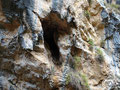 In the rock wall above the cave there are several deep holes. 